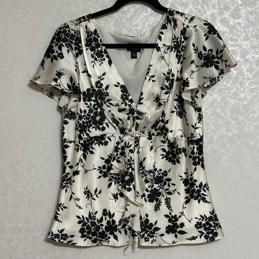 MSK Floral Satin Ruffle Front V-Neck Blouse Rhinestone Detail Black White L